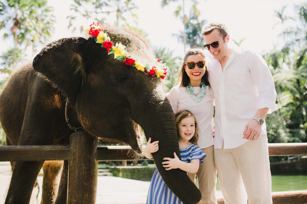 A mom, dad, and their young daughter pose with an elephant wearing a flower crown