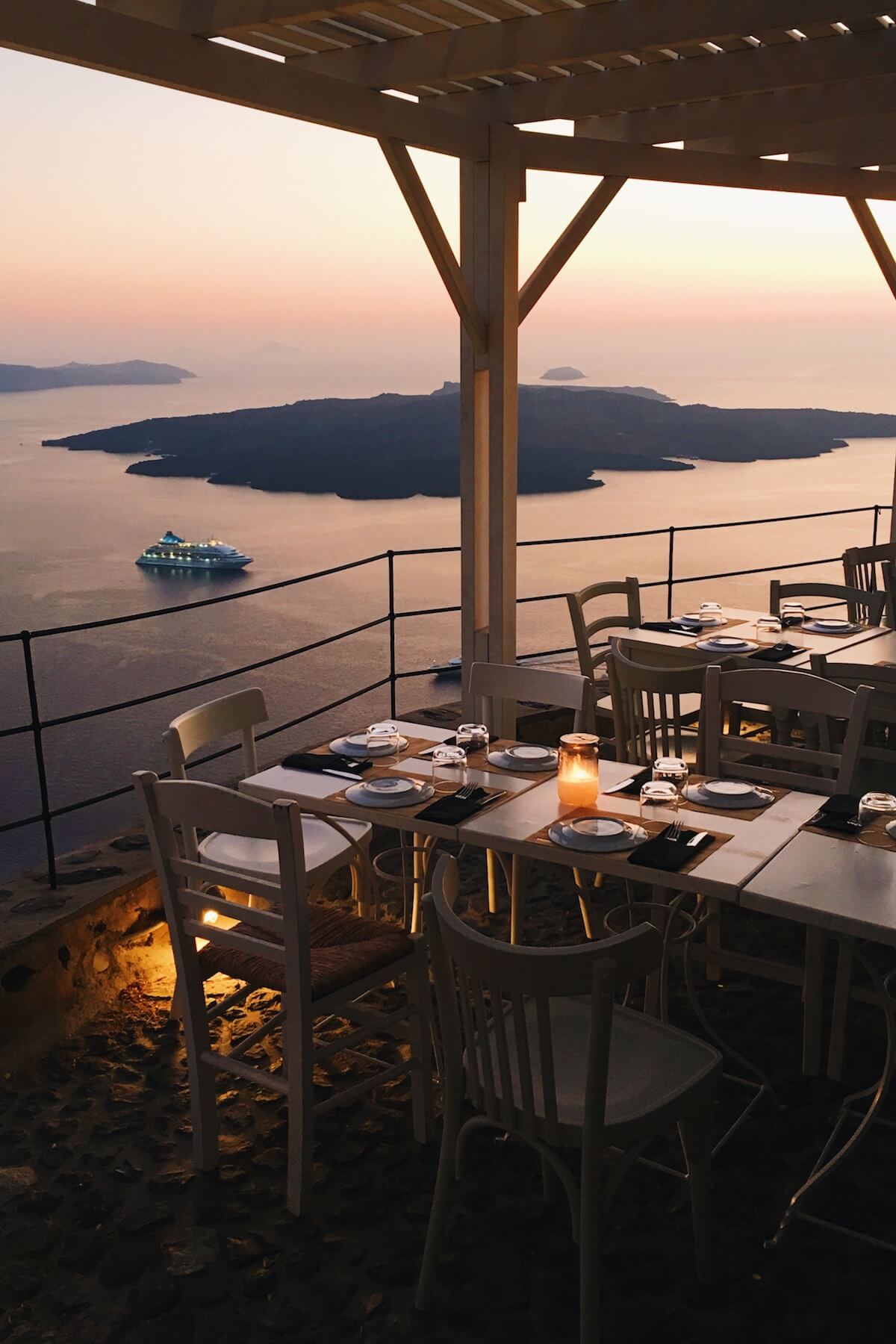 View from a patio restaurant in Santorini, Greece.