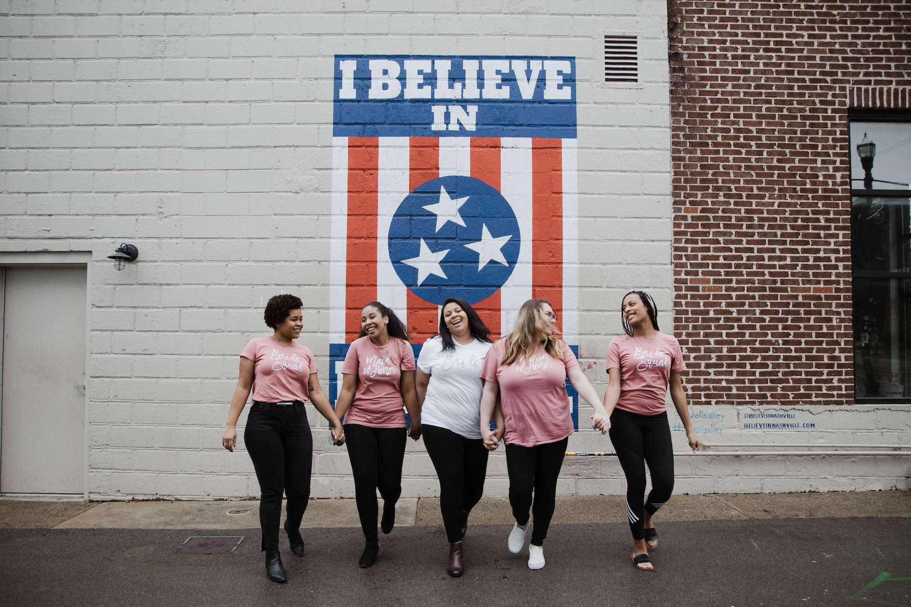 bachelorette party wearing matching shirts