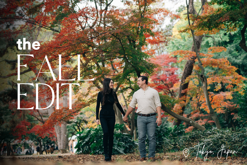 The Fall Edit: Tokyo Japan, A couple walking in the maple leaves during fall in Tokyo, Japan.